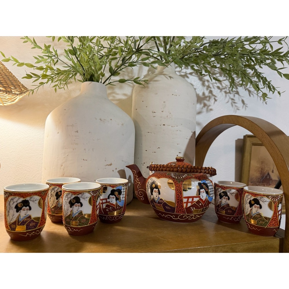 Kutani Handpainted Japan‎ Teapot and 6 Cups Geisha Scene